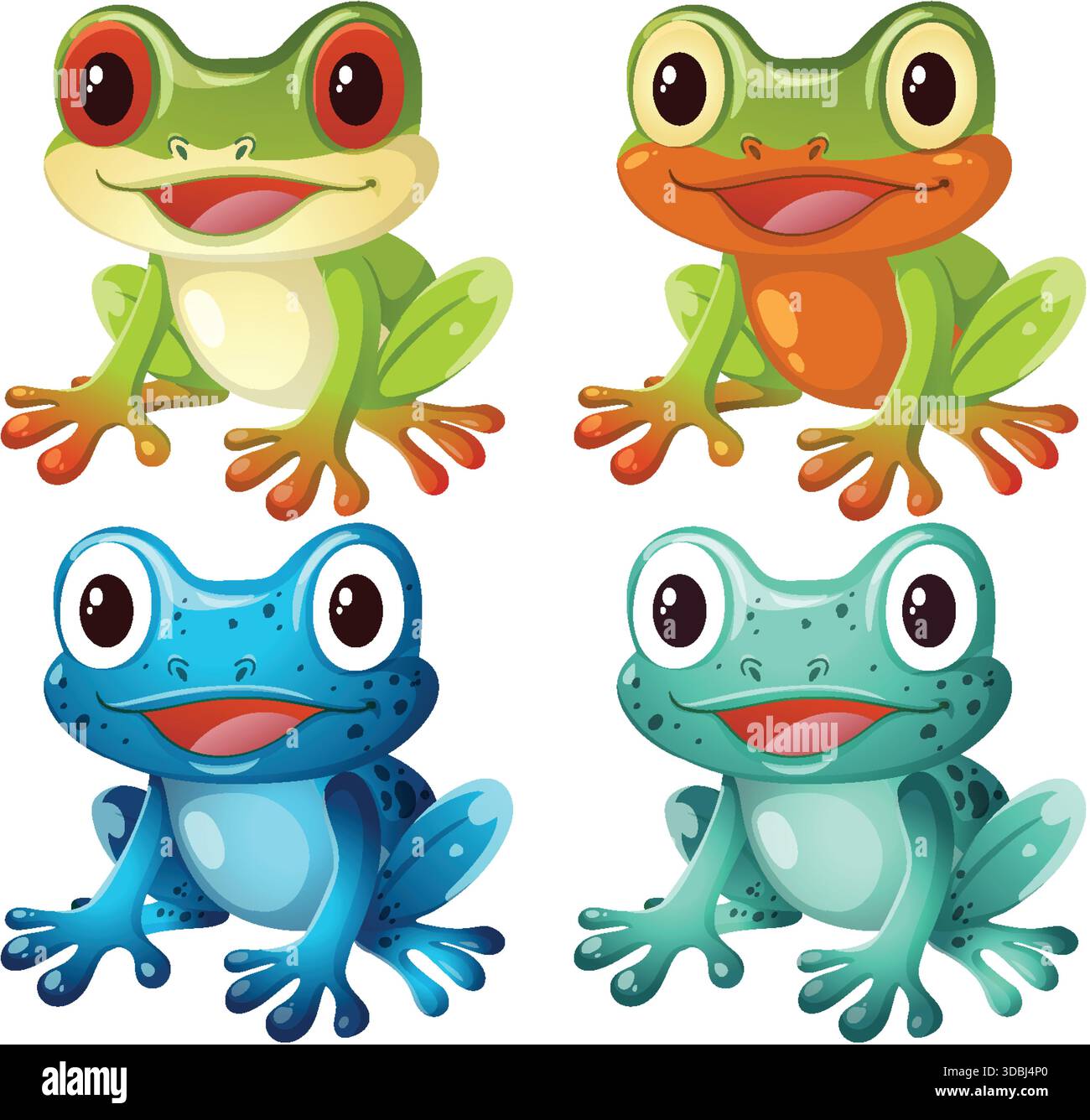 Illustrazione vettoriale di quattro vivaci rane da cartone animato, ciascuna con colori unici e volti espressivi Illustrazione Vettoriale