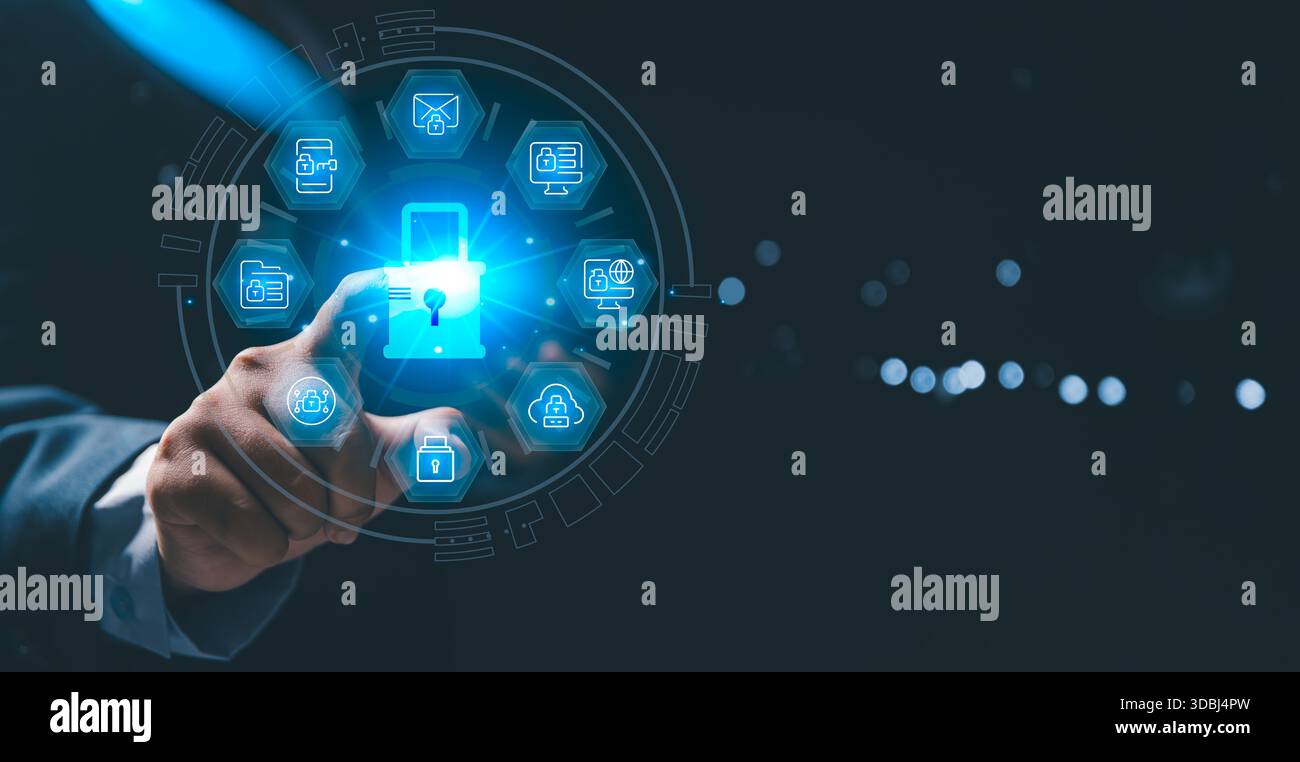 Lucchetto olografico luminoso a sfioramento professionale circondato da icone di sicurezza, sicurezza informatica, protezione dei dati, sistemi sicuri, privacy digitale, Foto Stock