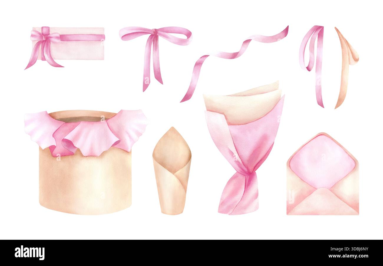 Set di acquerelli per imballaggio in carta artigianale per bouquet di fiori, fiocco rosa beige, nastro, busta aperta, confezione regalo. Confezione da imballaggio per le feste floreali. Vuoto delicato Foto Stock