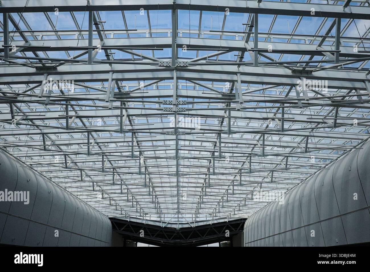 Moderna struttura in vetro d'acciaio. Dettagli architettonici del soffitto con cornici geometriche in metallo soffitto in vetro con cornici e un frammento di parete. Foto Stock