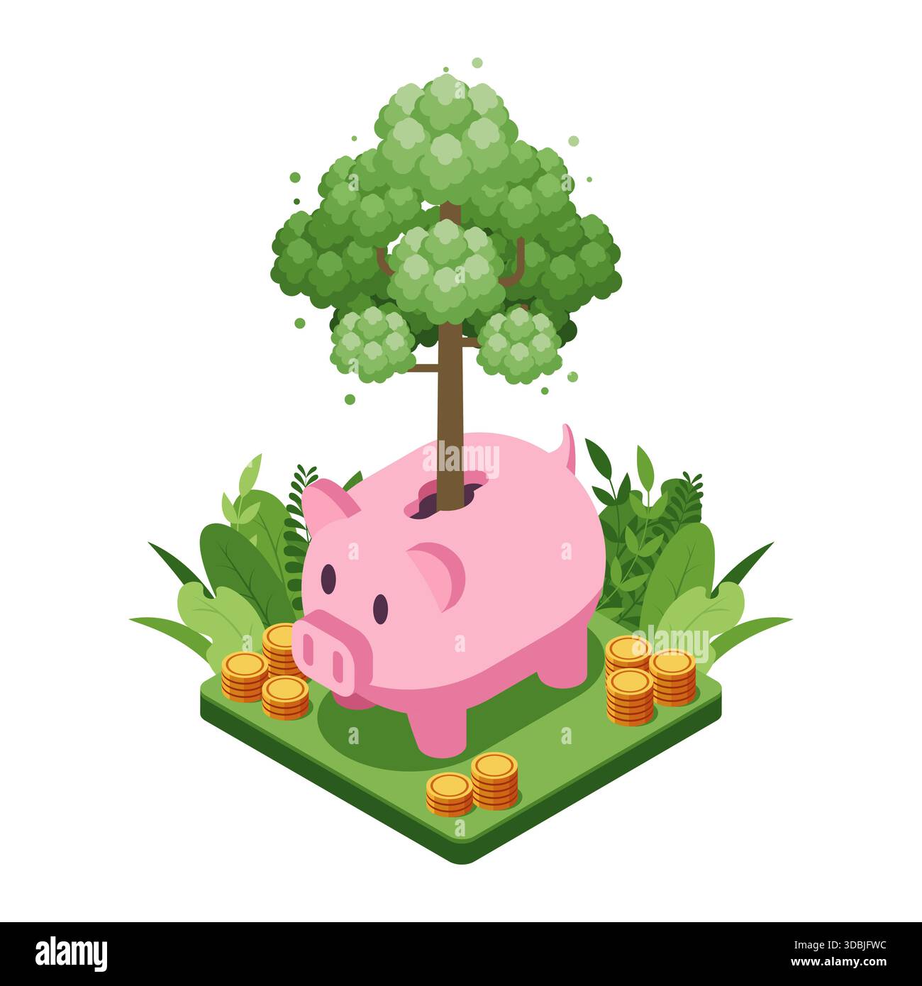 Isometric Piggy Bank con un albero in crescita. Concetto di risparmio sostenibile e investimento Illustrazione Vettoriale