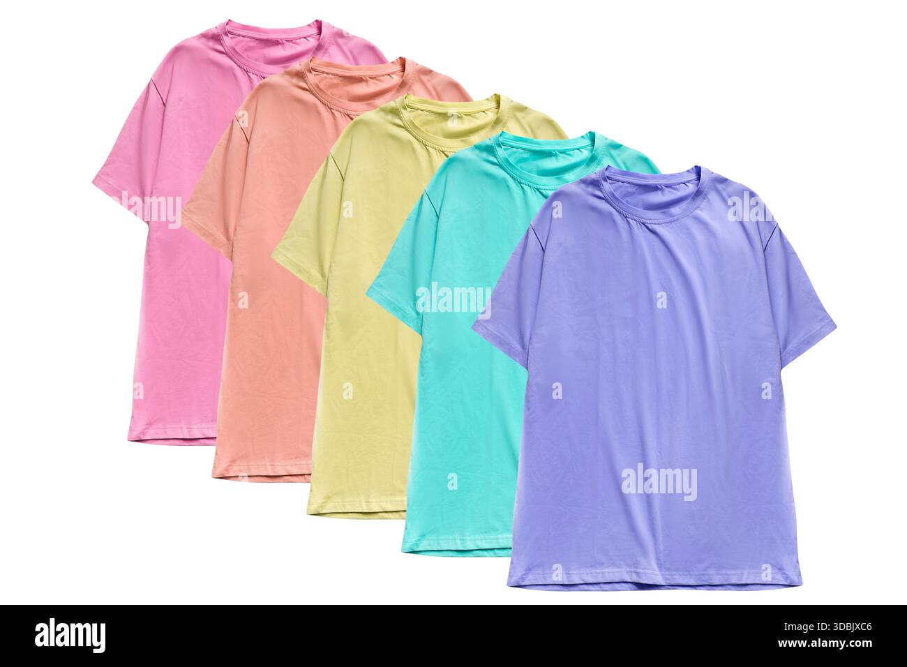 Cinque t-shirt colorate in cotone oversize isolate su sfondo bianco Foto Stock