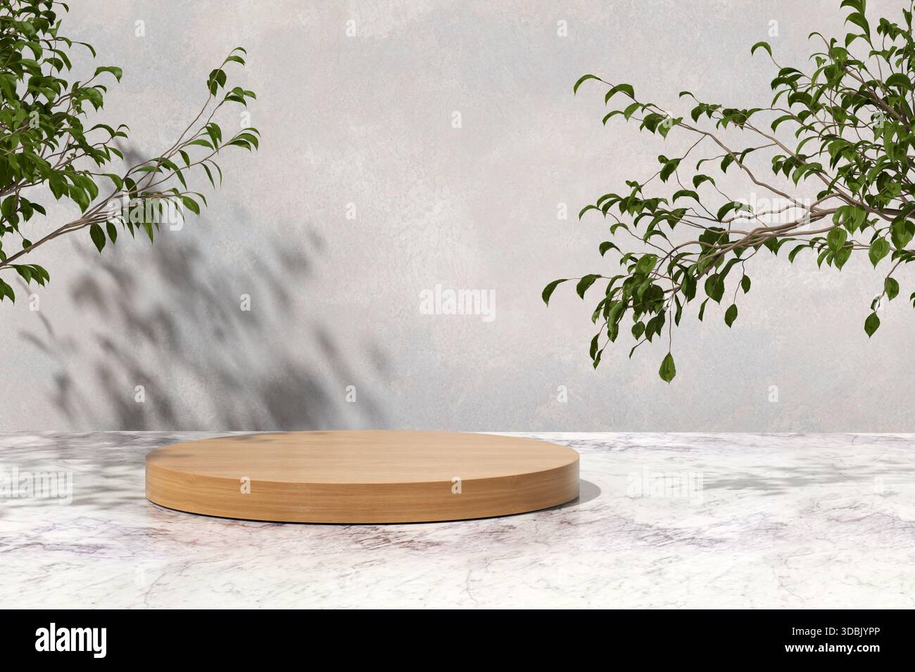 Il prodotto minimalista espone podio cilindrico in legno su pavimento in marmo con rami verdi e ombre su pareti grunge in cemento per la preparazione di prodotti cosmetici Foto Stock