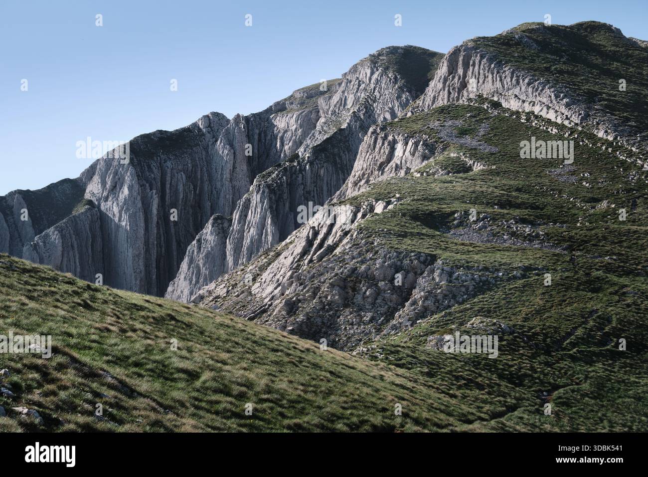 Cresta rocciosa con scogliere ripide e pendii verdi sotto il cielo azzurro, parte della catena del Durmitor vicino a Prutas. Foto Stock