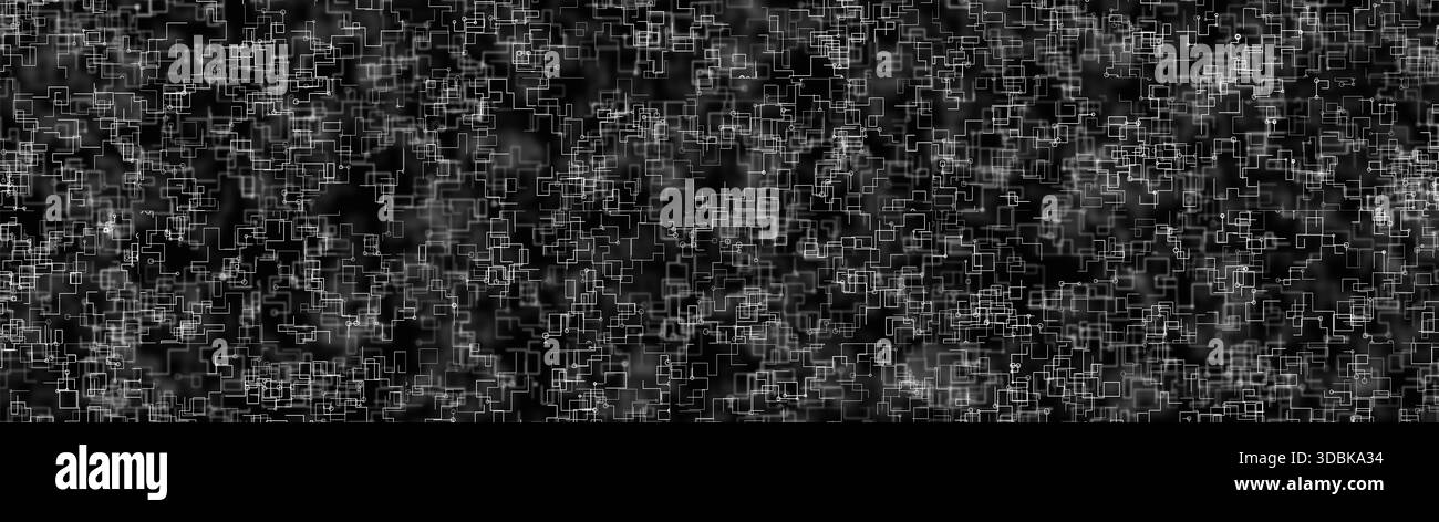 Sfondo astratto con tecnologia digitale monocromatica con linee di circuito e nodi bianchi su sfondi scuri. Rete dati complessa, intelligenza artificiale, artifici Foto Stock