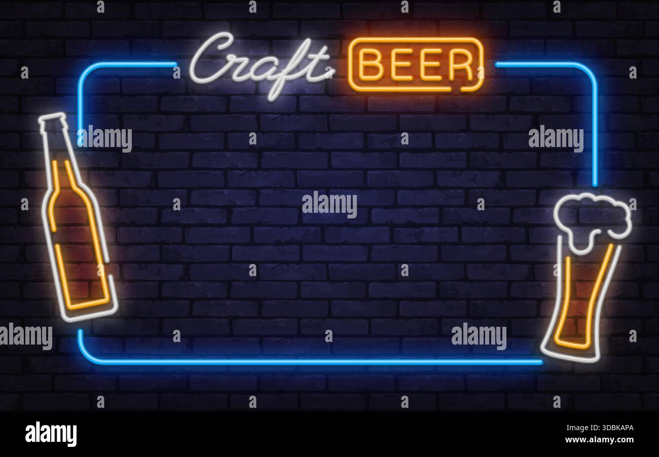 Elegante cornice vettoriale al neon con insegna della birra artigianale, bottiglia e icona in schiuma di vetro. Ottimo per pubblicità bar, marchi di birrerie e poster per la vita notturna. Illustrazione Vettoriale