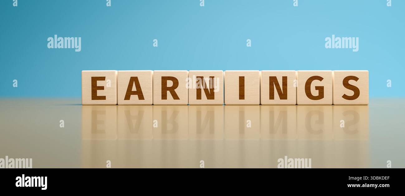 Cubi di legno che formano il testo "GUADAGNI". Concetto di utili, ricavi raggiunti o pianificati da un'organizzazione o un'azienda. Foto Stock