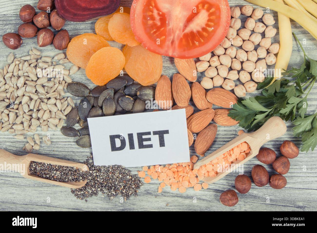 Iscrizione dieta e alimentazione sana nutriente come fonte naturale di potassio, vitamina K, minerali e fibre alimentari Foto Stock