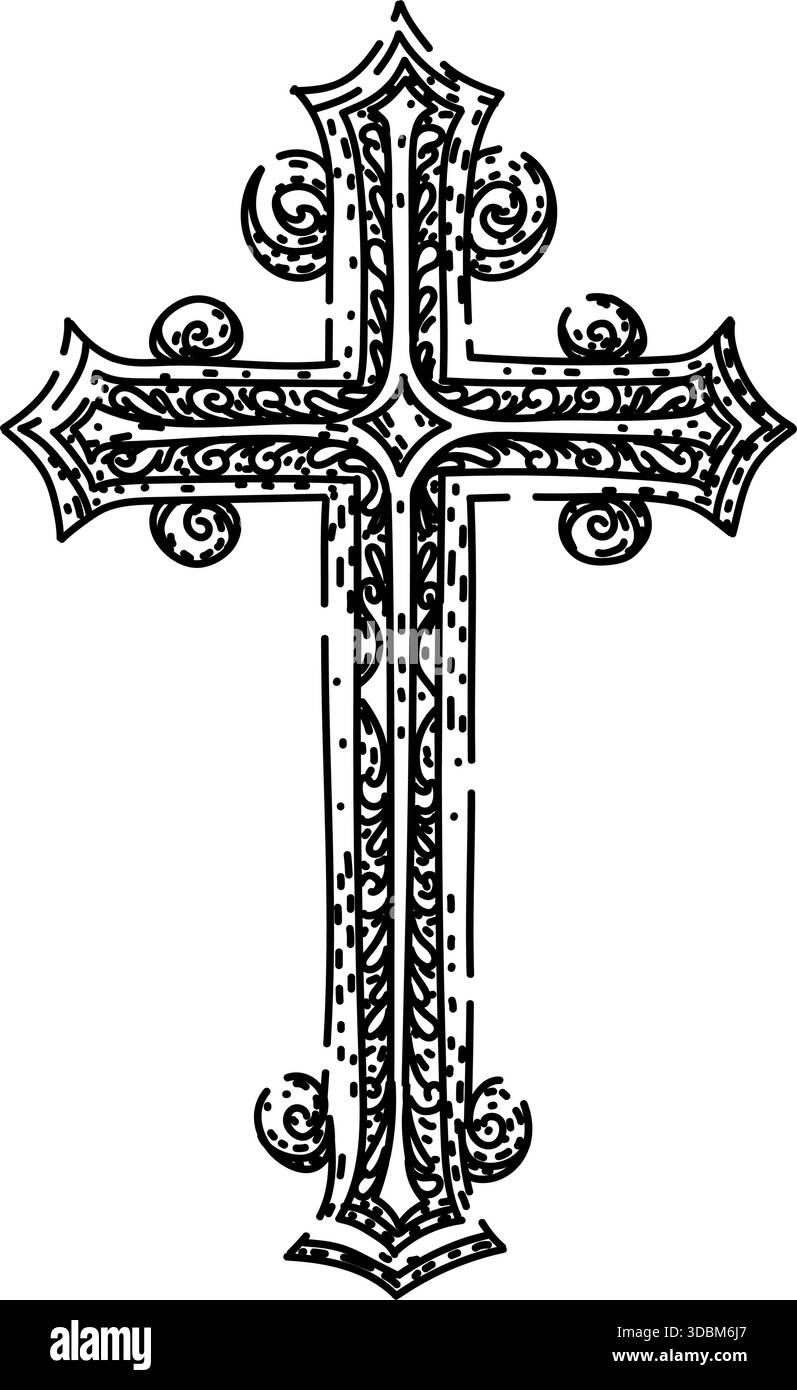 Simbolo della croce cristiana ornato che mostra dettagli decorativi complessi Illustrazione Vettoriale