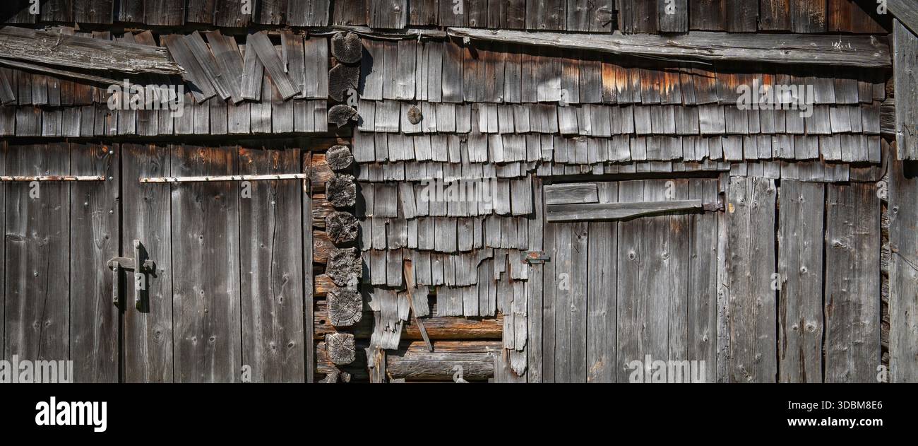 Vista di una parete grigia intemprata con una struttura in legno. Vecchia facciata di fienile fatta di zecche e travi. Parete esterna di una vecchia cabina. Foto Stock