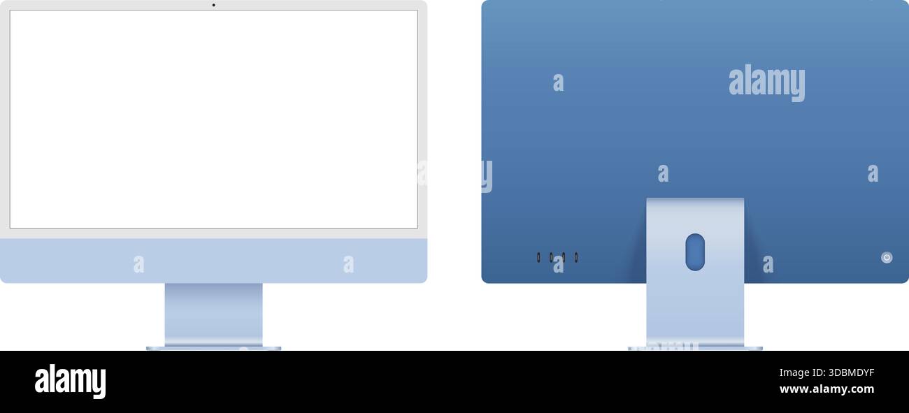 modello di mockup anteriore e posteriore per computer desktop da 24 pollici per pubblicità e vetrina dei prodotti. Vettoriale schermata vuota del dispositivo pc di colore blu Illustrazione Vettoriale