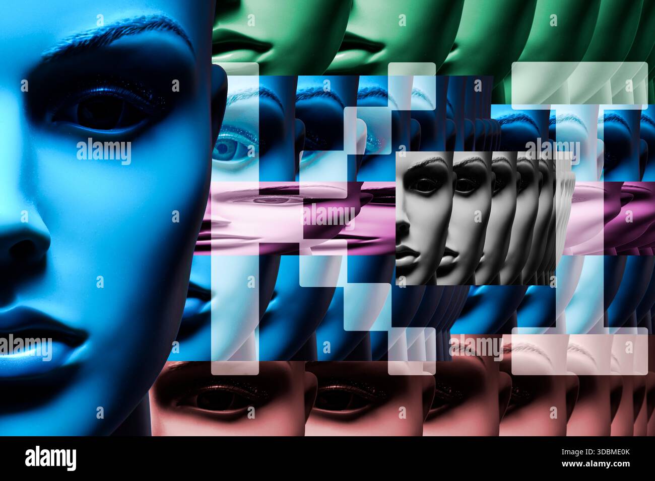 Volto di un manichino con scritta ai, foto simbolica dell'intelligenza artificiale, fotomontaggio Foto Stock