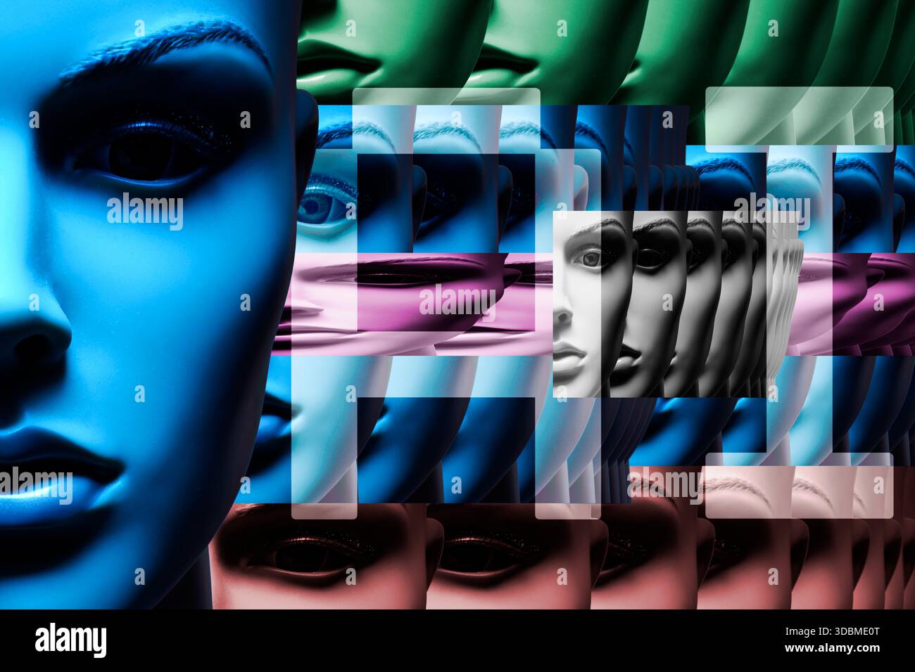 Volto di un manichino con scritta ai, foto simbolica dell'intelligenza artificiale, fotomontaggio Foto Stock