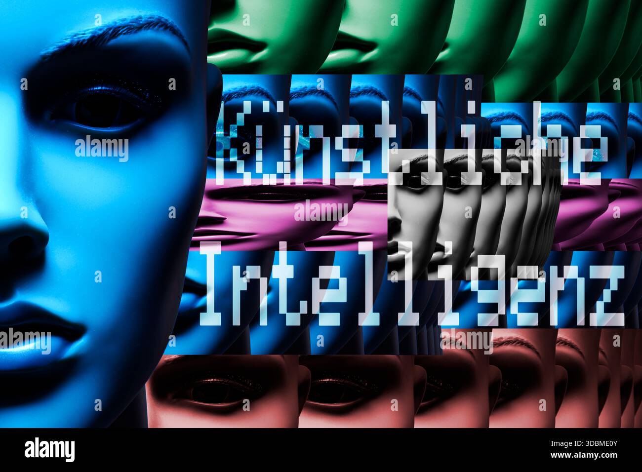 Faccia di un manichino con le parole intelligenza artificiale, fotomontaggio Foto Stock