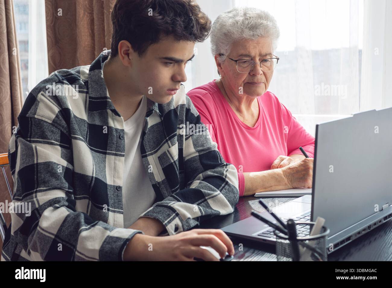 Nipote che aiuta la nonna con il computer, insegna le abilità digitali, le donne anziane imparano la tecnologia, il sostegno familiare, la comunicazione intergenerazionale Foto Stock