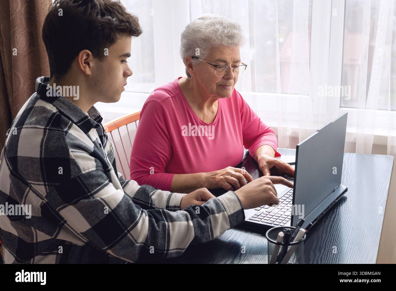 Nipote che aiuta la nonna con il computer, insegna le abilità digitali, le donne anziane imparano la tecnologia, il sostegno familiare, la comunicazione intergenerazionale Foto Stock