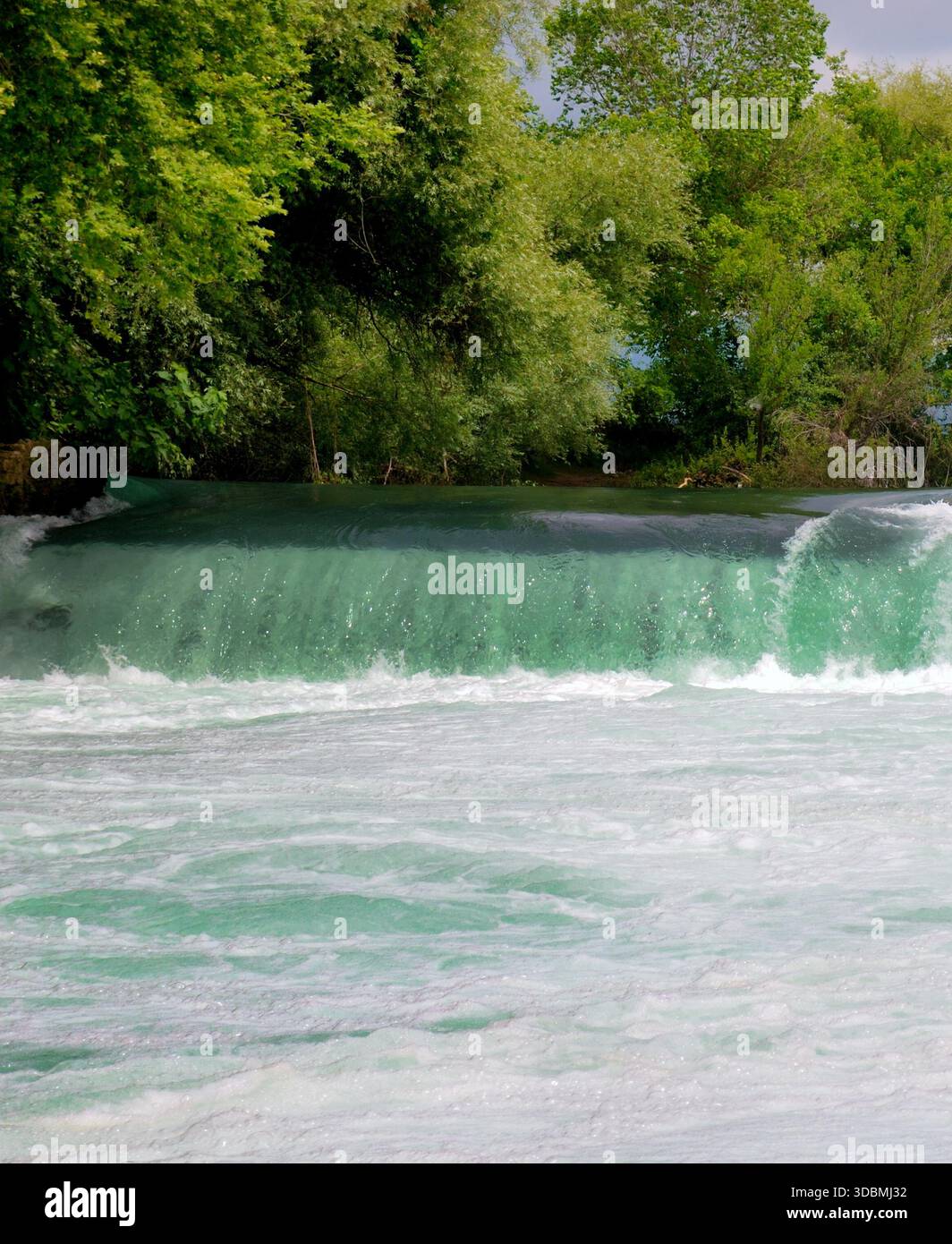 La potente cascata turchese di Manavgat scorre aggraziatamente, circondata da lussureggianti alberi verdi sotto un cielo luminoso. Foto Stock