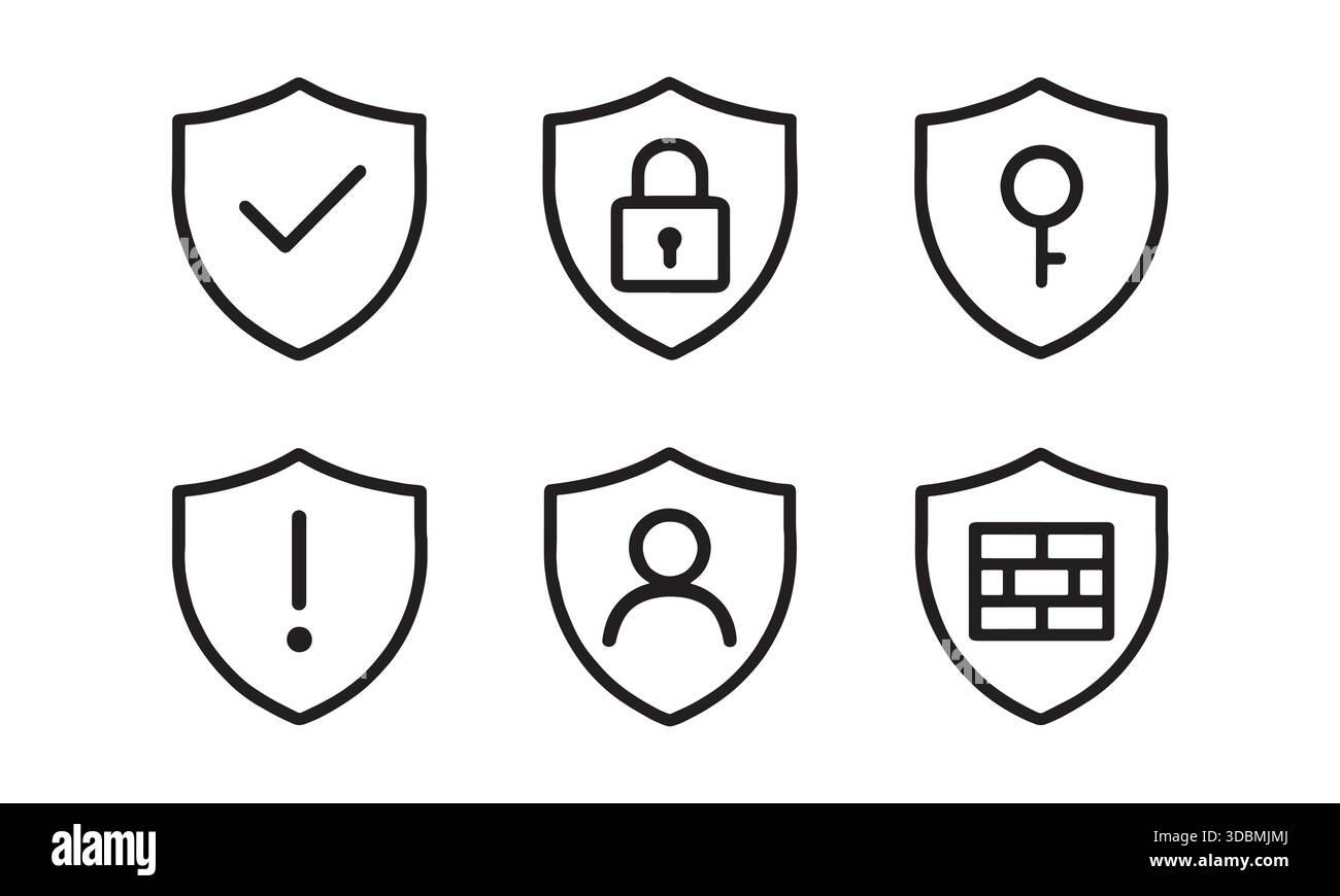Icone dello scudo di sicurezza cibernetica Imposta simboli di protezione digitale e privacy Illustrazione Vettoriale