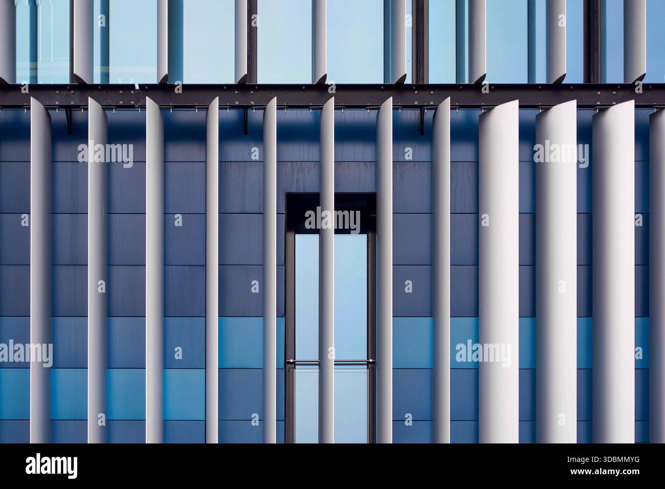 Simmetria lineare: Alette verticali. La facciata del Rhein-Mosel-Halle a Coblenza, Germania, progettata da Alexander von Canal, presenta pinne verticali che combinano ombreggiatura e ritmo in un'architettura moderna. Foto Stock