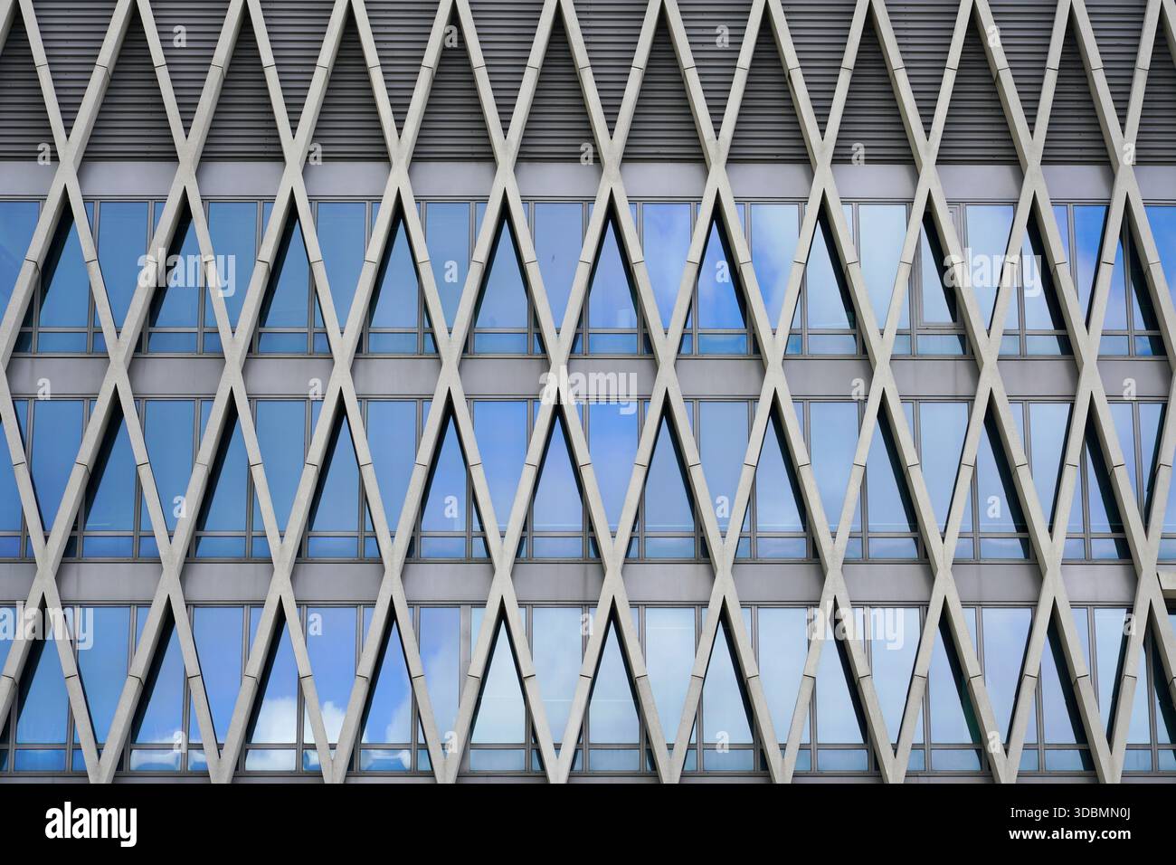 Armonia geometrica: Dettagli architettonici. La facciata di un edificio presso il Campus Noorderplaats della Hogeschool Anversa, Belgio, presenta supporti strutturali a forma di X che si intersecano con finestre in vetro, combinando stabilità e design sorprendente. Il motivo geometrico ripetuto crea ritmo ed equilibrio, mentre i riflessi del cielo ammorbidiscono la struttura rigida con un senso di apertura. Foto Stock