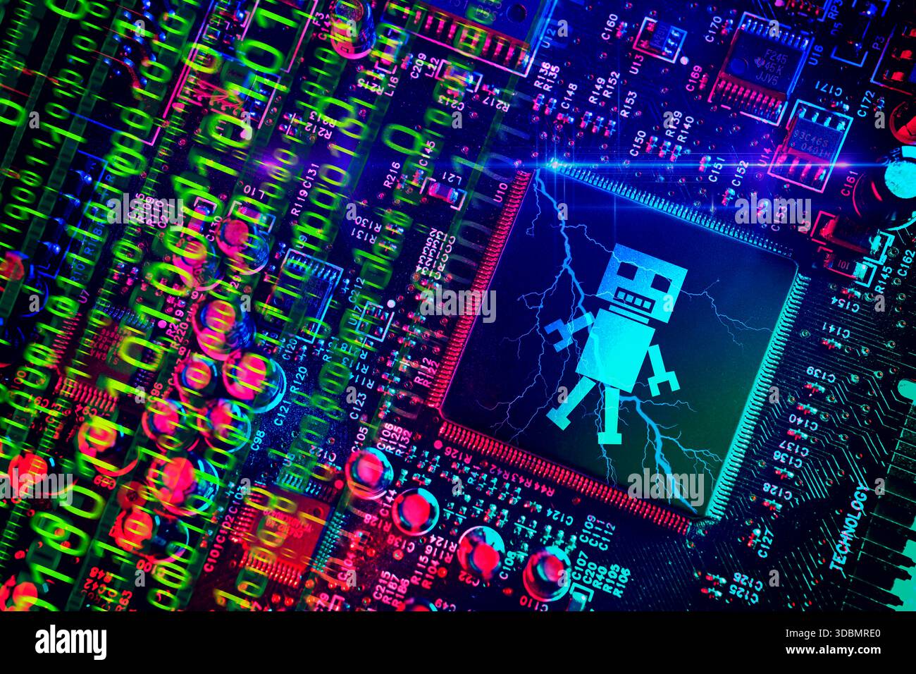 Chip per computer con figura robotica, foto simbolica dell'intelligenza artificiale, fotomontaggio Foto Stock