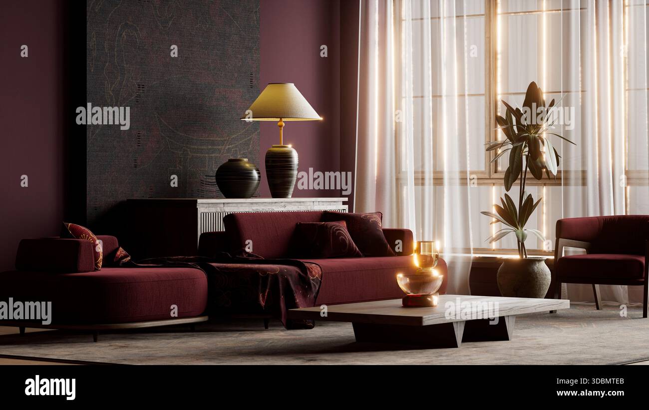 Un elegante interno japandi scuro e moody caratterizzato da mobili Bordeaux, illuminazione d'ambiente cinematografica e superfici testurizzate, che creano un ambiente tranquillo e allo stesso tempo suggestivo Foto Stock