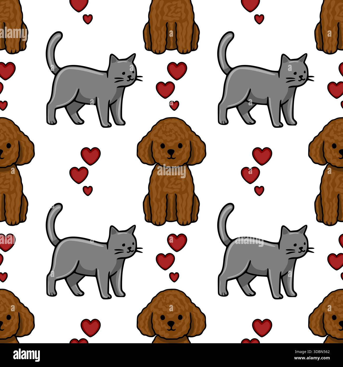 Un affascinante motivo vettoriale senza cuciture caratterizzato da adorabili gatti grigio cartoni animati e morbidi barboncini marroni circondati da cuori rossi sparsi su un bianco pulito Illustrazione Vettoriale
