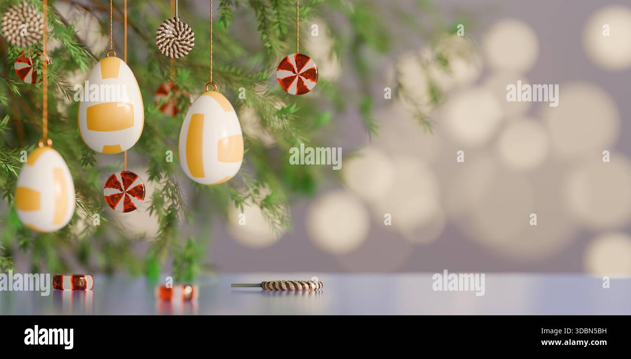 Palline a forma di uovo di Pasqua e ornamenti di menta piperita appesi ai rami. rendering 3d. Foto Stock