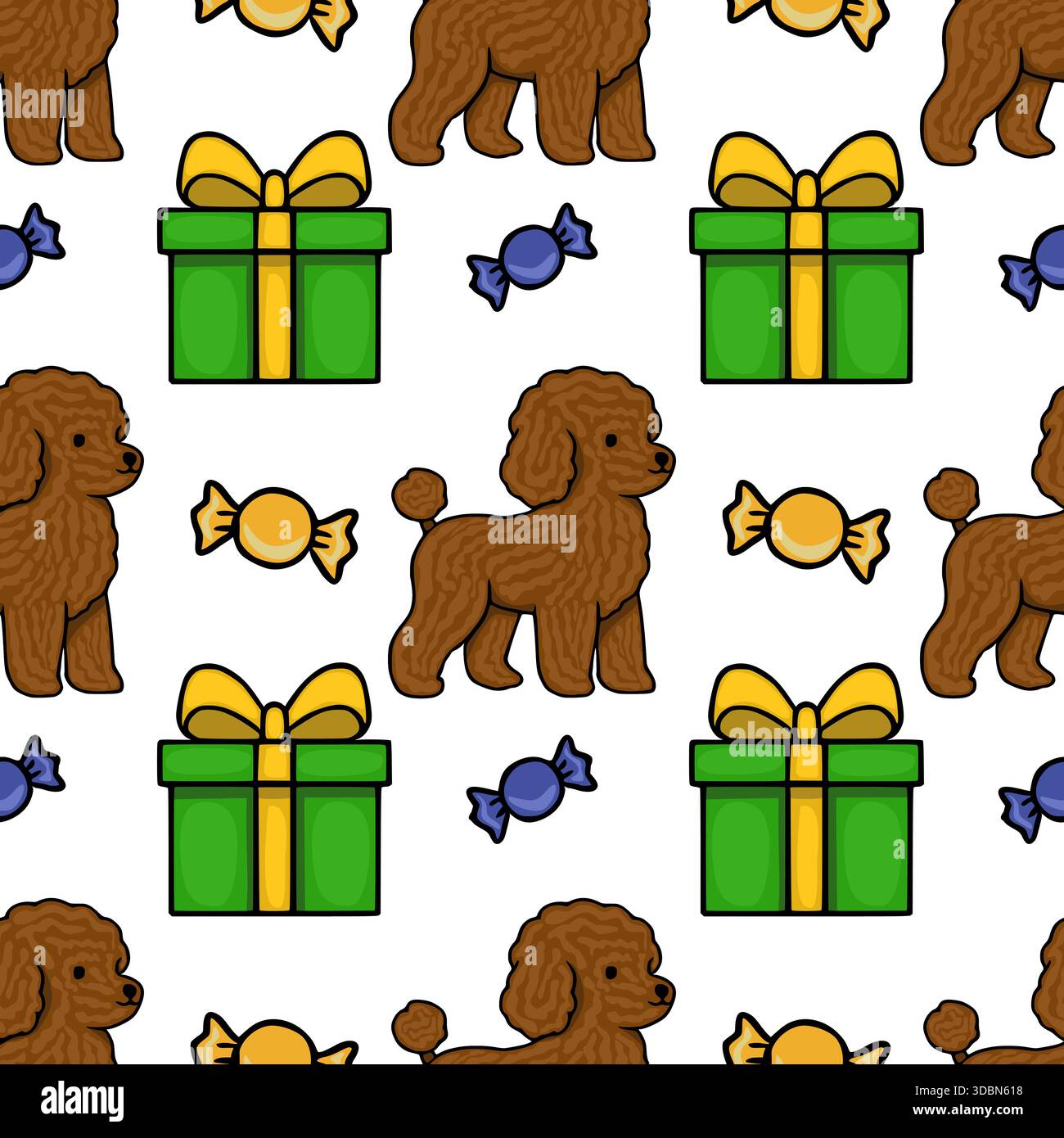 Un affascinante motivo vettoriale senza cuciture caratterizzato da adorabili barboncini marroni, vivaci scatole regalo verdi con archi gialli e caramelle colorate su un bianco pulito Illustrazione Vettoriale