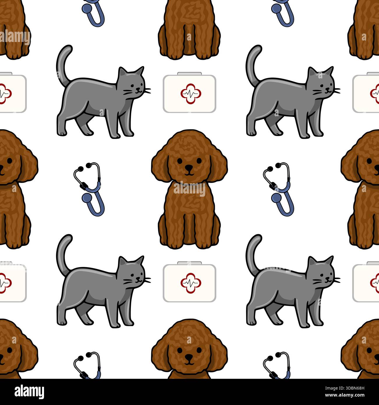 Stravagante motivo vettoriale con simpatici gatti cartoni animati, barboncini, stetoscopi e kit di pronto soccorso, ideale per temi veterinari o per la cura degli animali domestici. Illustrazione Vettoriale