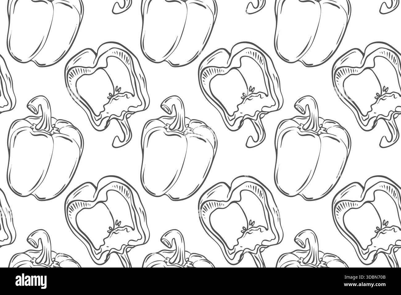 Contorno senza cuciture con peperoni. Illustrazione di verdure intere e fette. Illustrazione di mangiare sano. Illustrazione Vettoriale