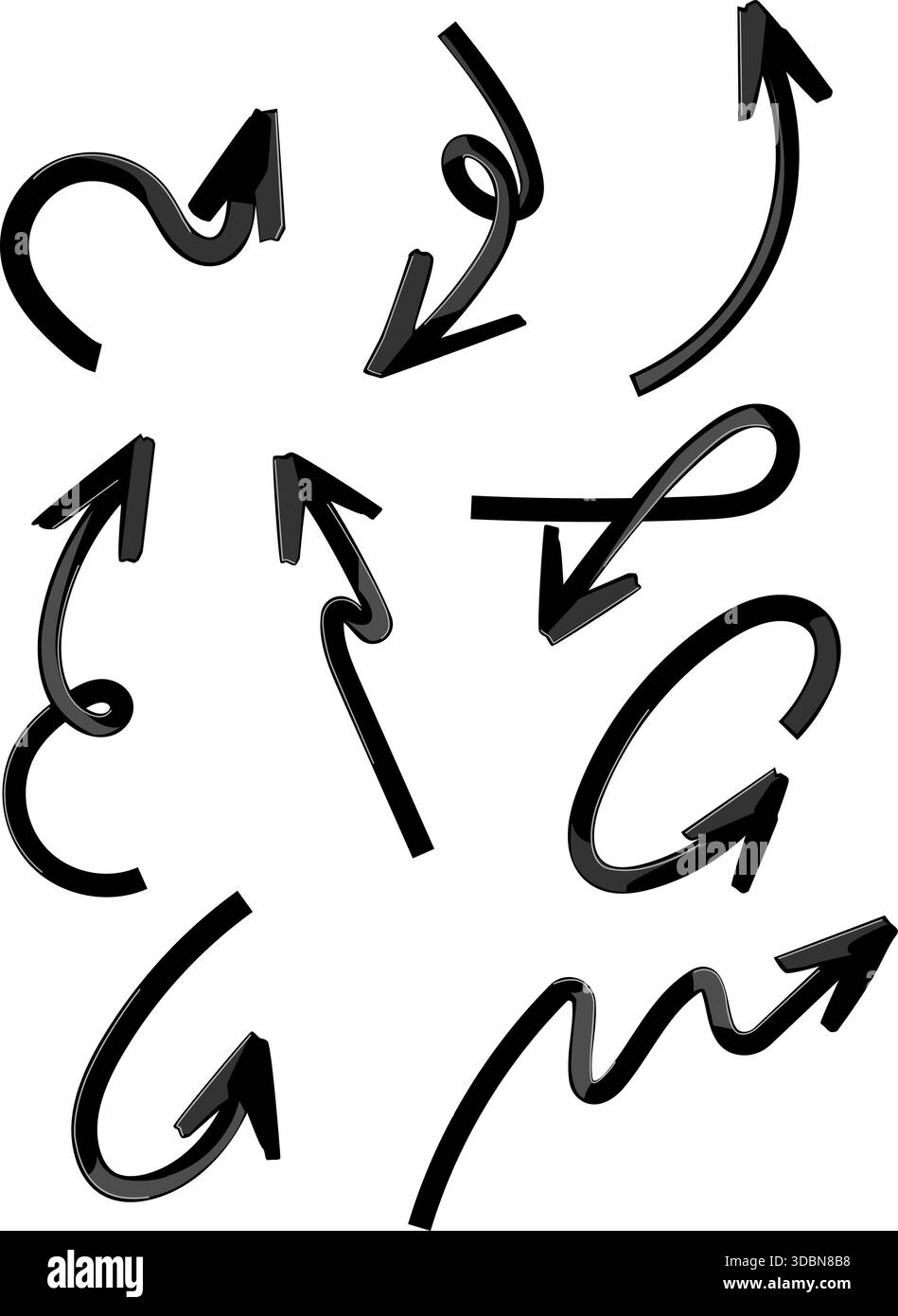 Frecce nere curvilinee che mostrano il cambiamento, la direzione e il movimento Illustrazione Vettoriale