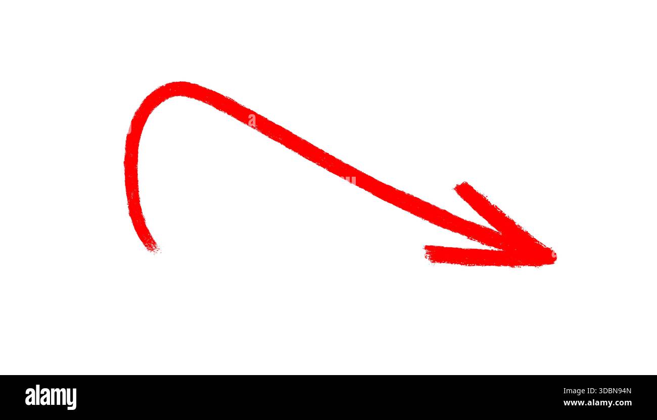 Freccia rossa tracciata a mano isolata su sfondo bianco, freccia stilizzata per evidenziare testo, note, numeri, loghi, scarabocchi disegnati a mano Foto Stock
