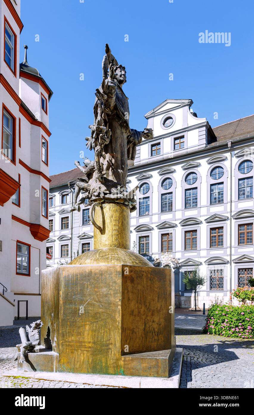 Fontana di San Francesco di fronte alla farmacia superiore con vista sull'ex Università dei Gesuiti, Dillingen an der Donau, Svevia Bavarese, Svevia, Baviera, Germania Foto Stock