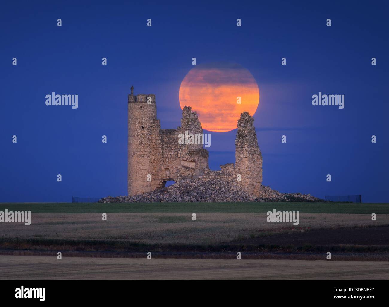 Spettacolare luna piena che sorge dietro le rovine medievali del castello di Caudilla al crepuscolo, vicino a Toledo, Spagna. La luce calda contrasta con la sera blu intenso Foto Stock