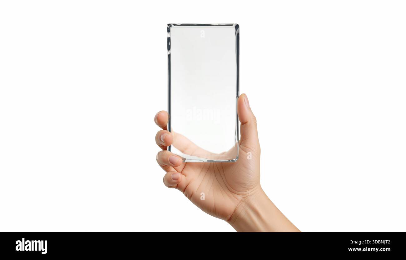 Supporto a mano in vetro rettangolare trasparente, sfondo bianco, generazione di intelligenza artificiale. Coppa in acrilico in braccio per un mockup di premi per l'occasione. Vetro trasparente Foto Stock