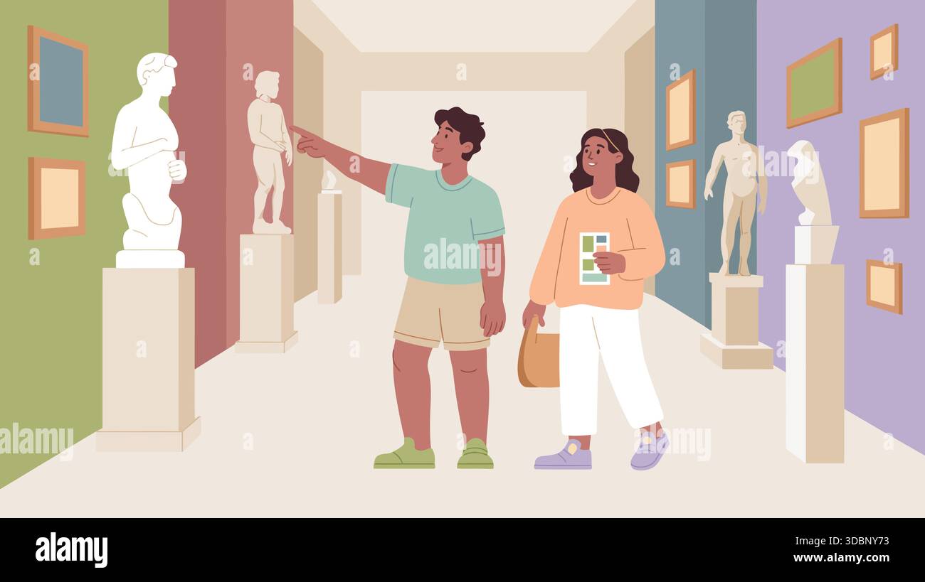 Coppia che esplora la galleria d'arte Illustrazione Vettoriale