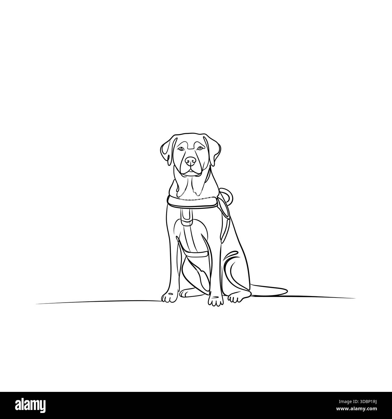 Illustrazione minimalista a una riga continua di un cane guida seduto tranquillamente Foto Stock