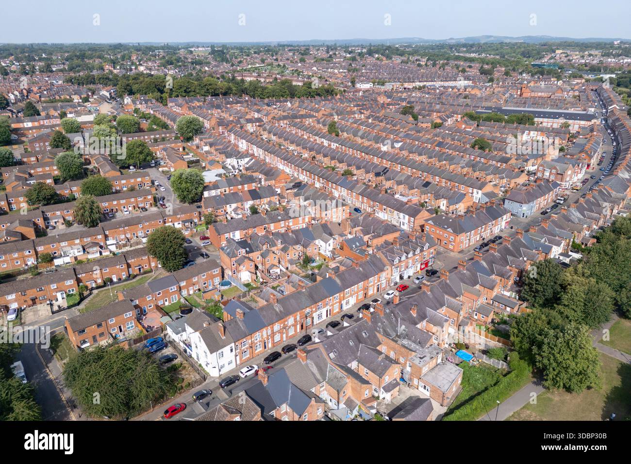 Vista aerea di una parte residenziale di Leicester ovest (LE3), Leicestershire, Regno Unito. Foto Stock