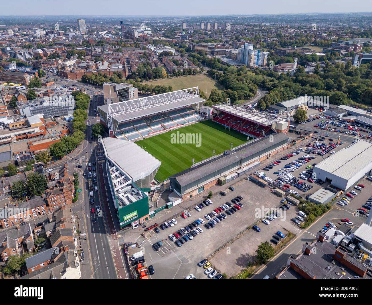 Veduta aerea del Mattioli Woods Welford Road Stadium, sede dei Leicester Tigers, che giocano nella Gallagher PREM League, Leicester, Regno Unito. Foto Stock
