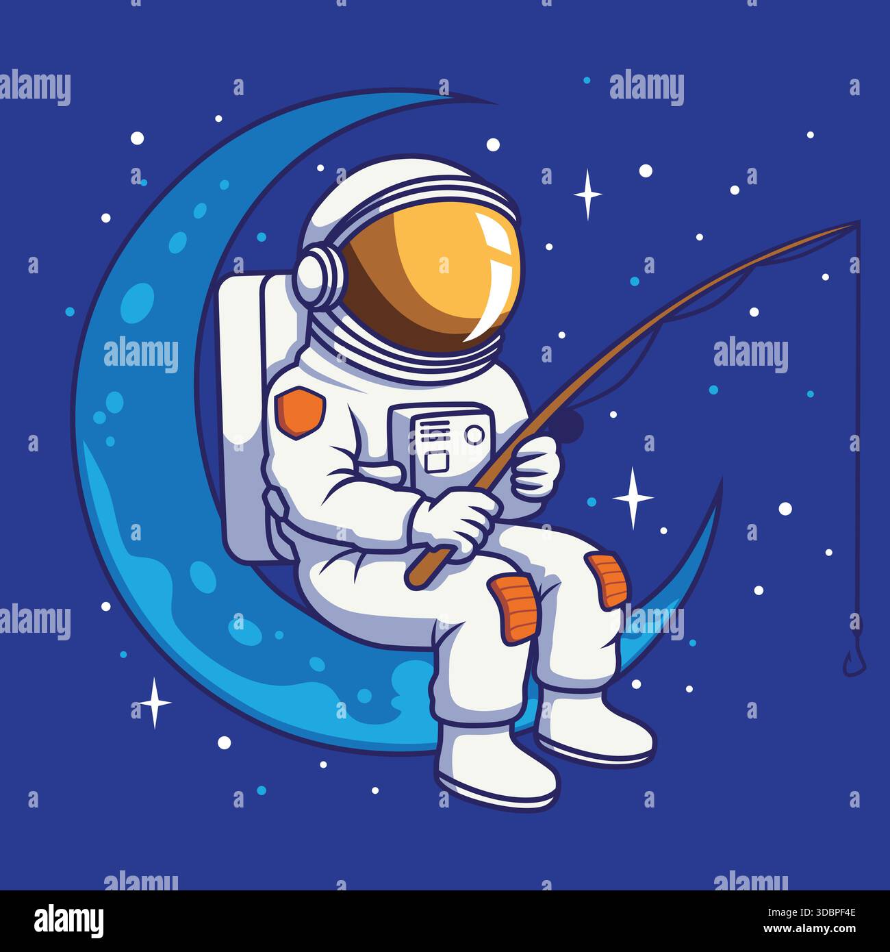 Illustrazione vettoriale della pesca astronauta sedersi sulla Luna in thick Line Illustrazione Vettoriale