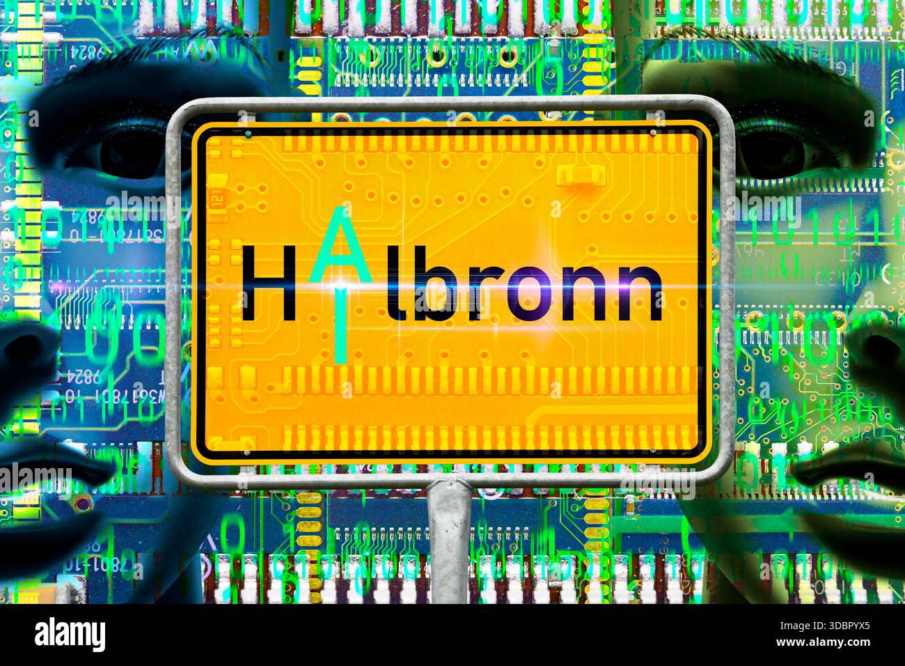 Insegna cittadina di Heilbronn con scritta ai, progetto IA su larga scala IPAI, fotomontaggio Foto Stock