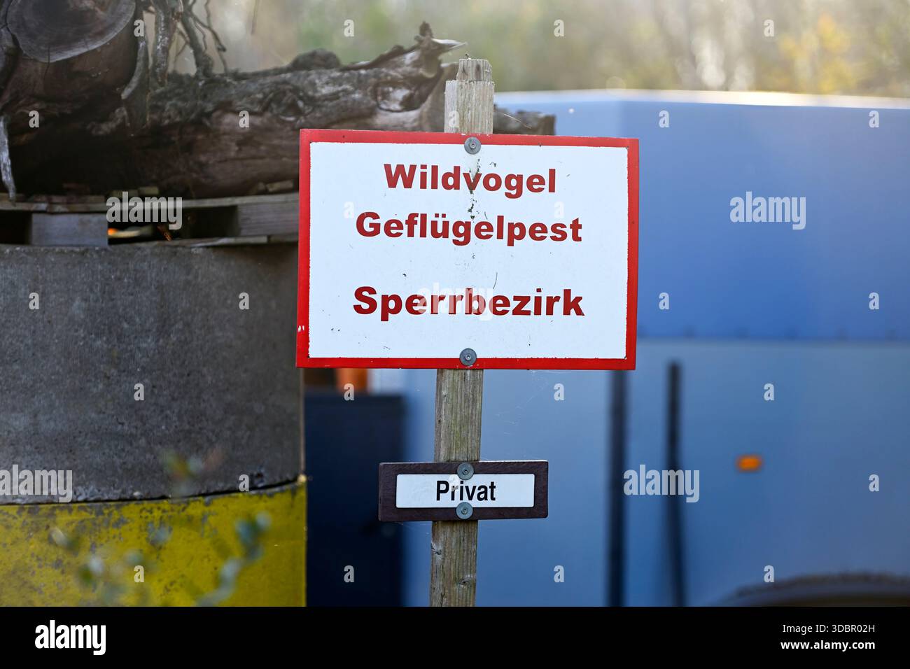 Firma con l'iscrizione Wild Bird flu Restricted area, immagine simbolica Foto Stock