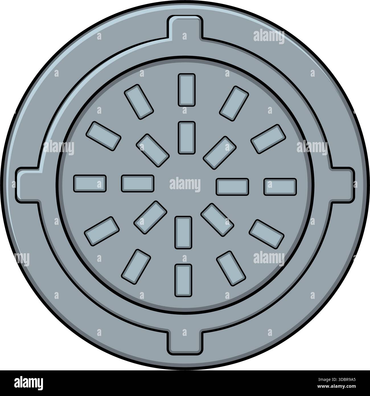 Illustrazione del coperchio di tombino rotondo che raffigura il punto di accesso delle fognature Illustrazione Vettoriale