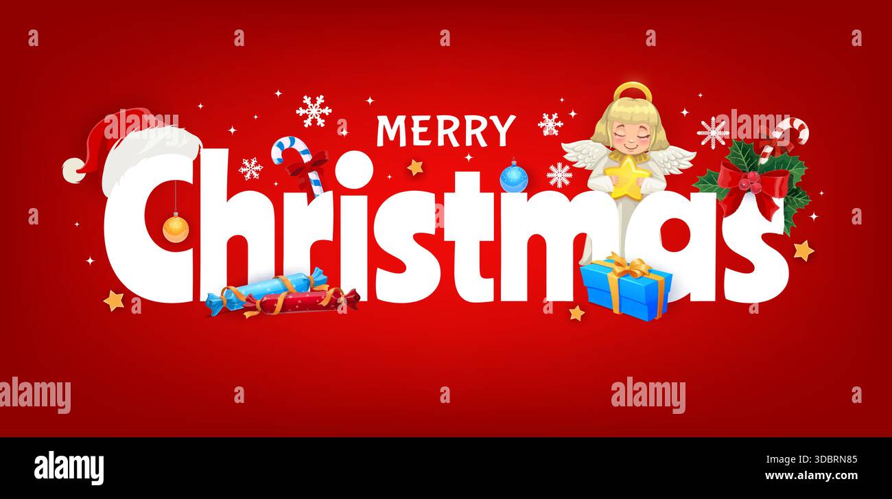 Buon biglietto di auguri natalizi con angelo carino, canna da zucchero, cappello di Babbo Natale, ornamenti di pino e confezione regalo blu. Punta verde rossa e fiocchi di neve bianchi su cartolina vettoriale per le vacanze invernali Illustrazione Vettoriale