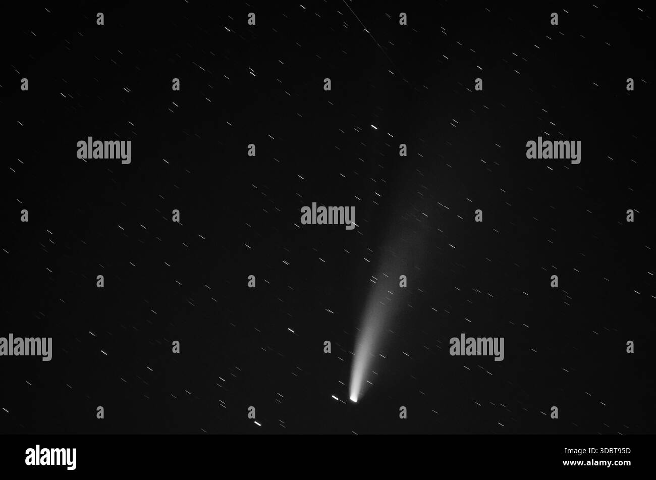 cometa con sfocatura in movimento e sentieri stellari in esposizione al cielo notturno Foto Stock