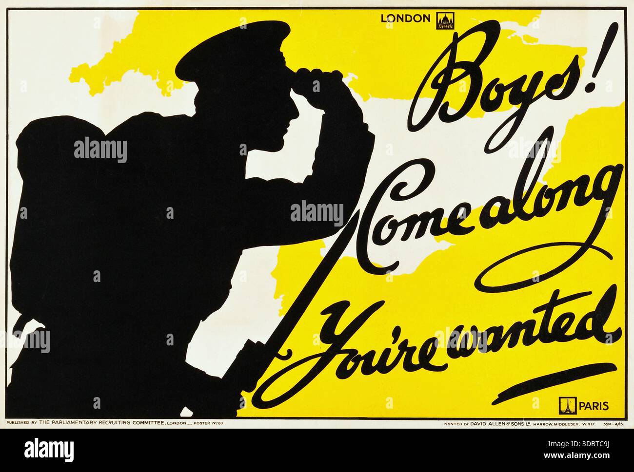 Propaganda della prima guerra mondiale (Commissione parlamentare di reclutamento, 1915). Poster britannico 'Boys! Venga. Sei ricercato.' Foto Stock