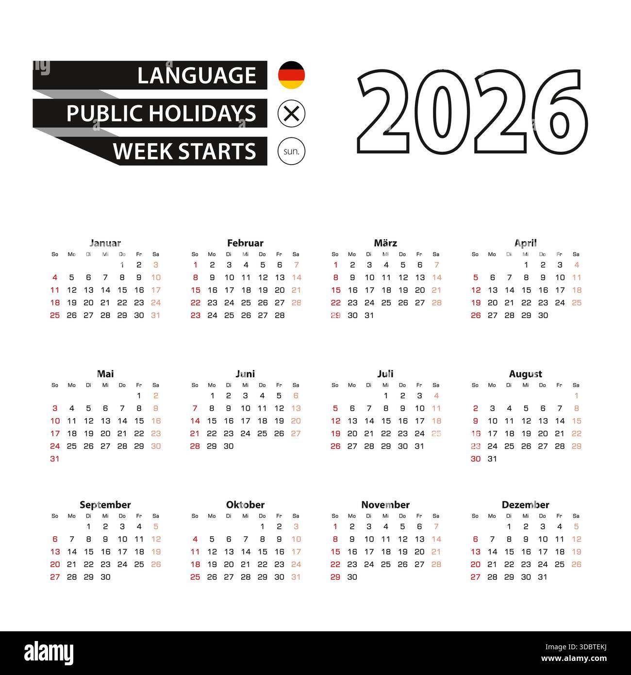 Calendario 2026 in lingua tedesca, la settimana inizia da domenica. Illustrazione vettoriale. Illustrazione Vettoriale