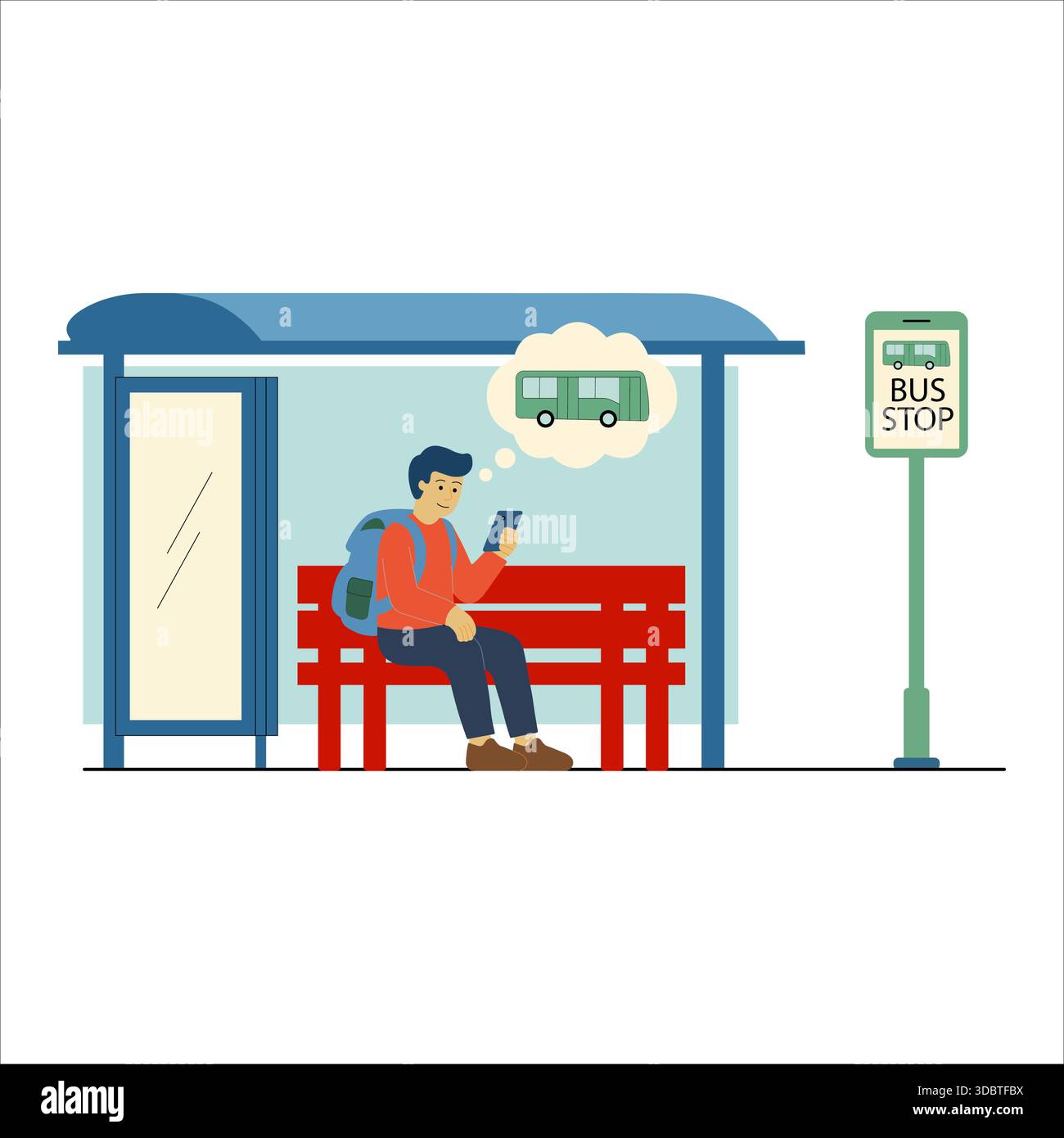 Immagine vettoriale piatta di un pendolare seduto su una panchina rossa in una fermata dell'autobus. Controlla il suo smartphone mentre pensa all'autobus in arrivo. Illustrazione Vettoriale