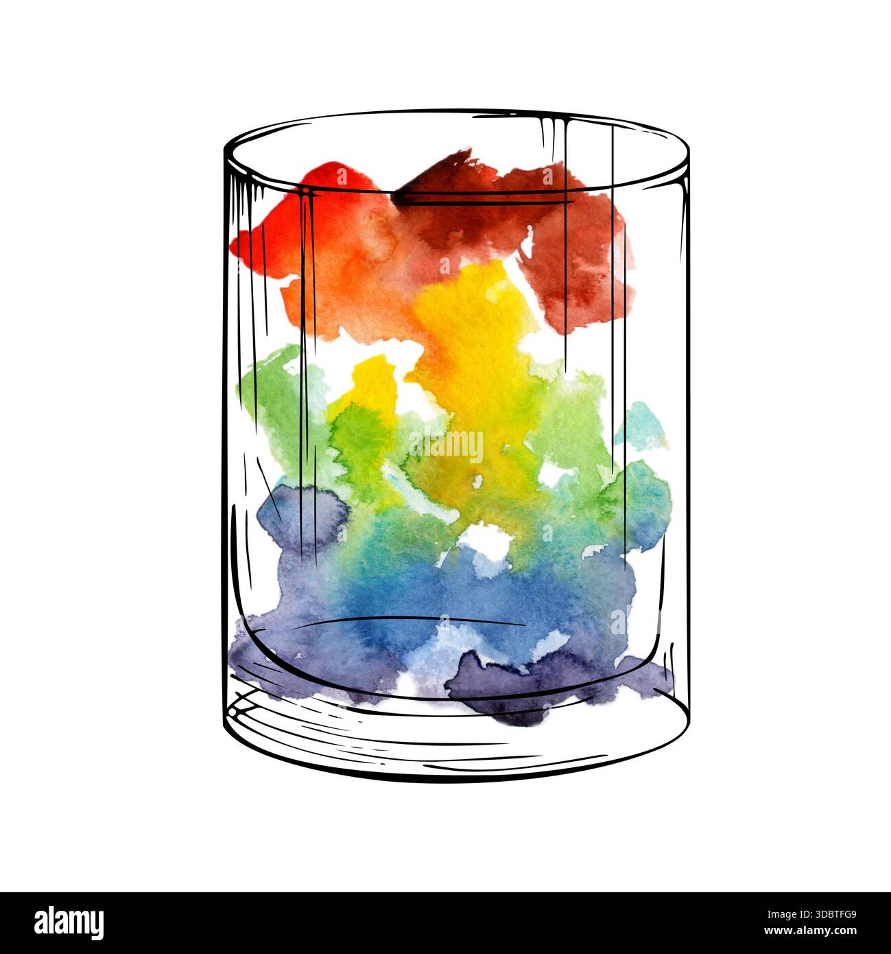 Cocktail alcolico a strati arcobaleno in bicchiere di roccia, bevanda esotica multicolore in toni vividi e sfumati. Illustrazione ad acquerello e inchiostro disegnati a mano Foto Stock